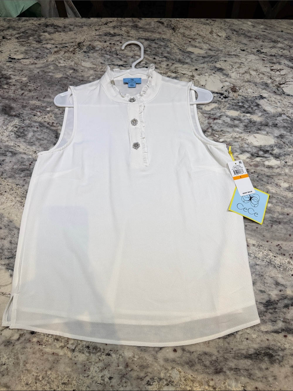 CeCe White Sleeveless Ruffle Henley Camisole